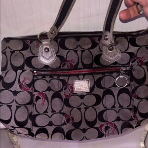 Coach Black and Silver Signature Shoulder Bag with Pink Accents